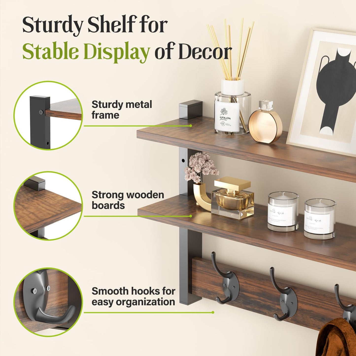 Orapoke Two-Tier Wall Shelf with Hooks, 17" Coat Rack Wall Mount with Shelf, Key Hooks for Wall with Heavy Duty Double Hooks, Coat Hook Wall Mounted for Bedroom, Living Room, Rustic Brown
