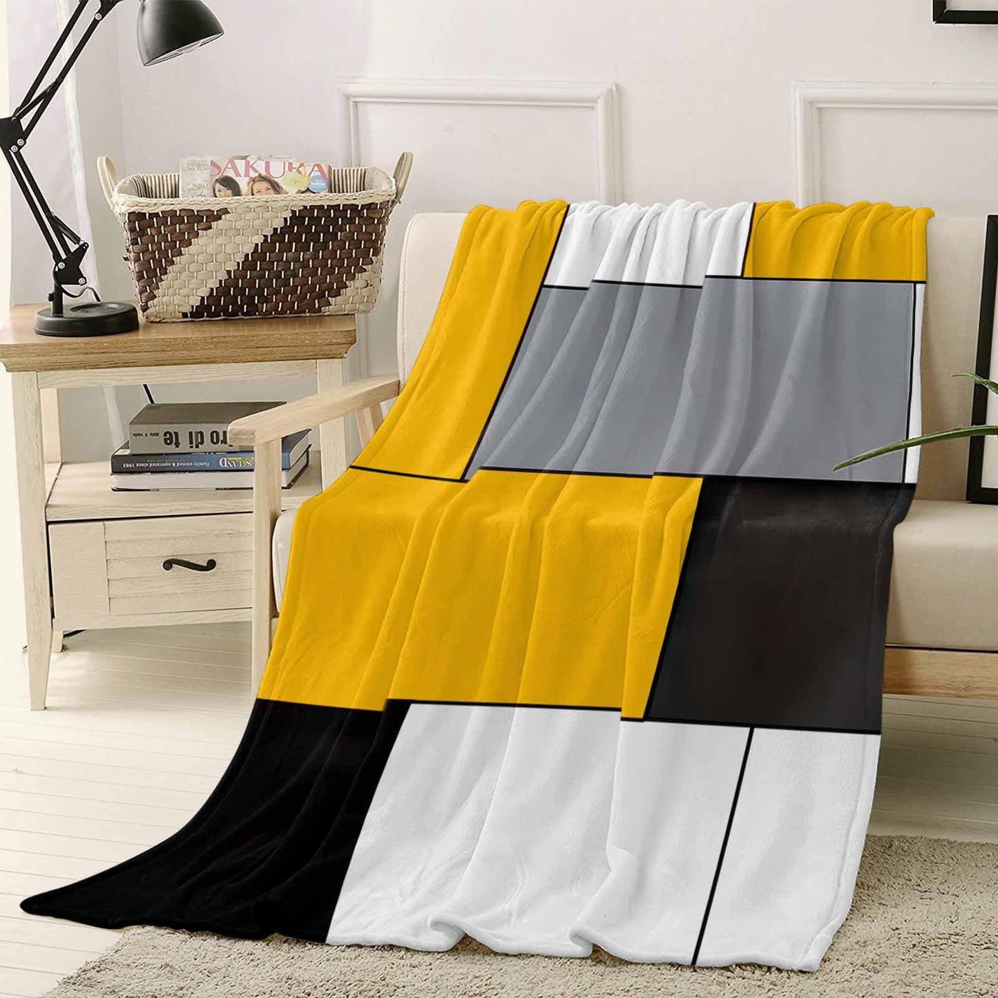 Flannel Throw Blanket Abstract Geometric Patchwork Art,Lightweight Soft Warm Fleece Blankets for Sofa Couch Bedroom,Yellow Black White Grey Cozy Fuzzy Microfiber Throws for All Seasons 30x40in