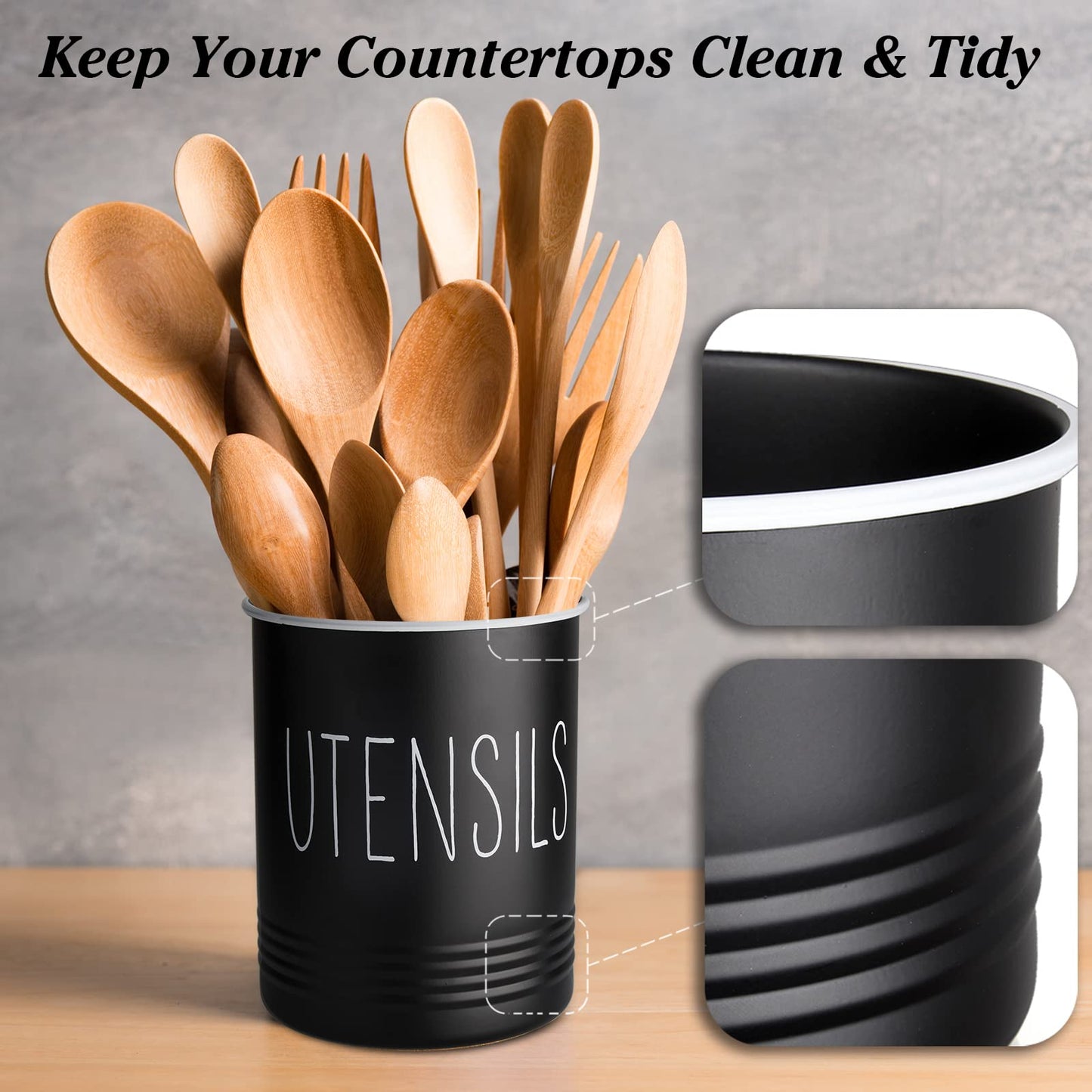 Kitchen Utensil Holder, 6.7" Utensil Holder for Kitchen Counter, Cooking Utensil Crock with Cork Bottom, Modern Farmhouse Decor, Countertop Utensil Storage Organizer Caddy, Black