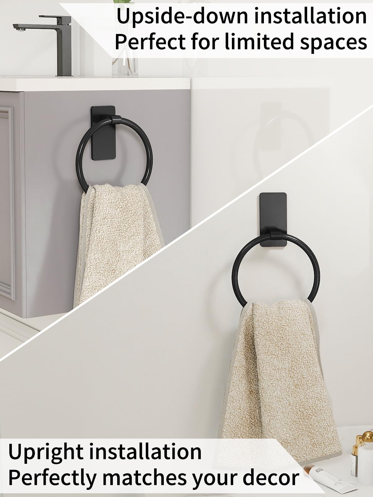 STWWO Adhesive Towel Ring, Hand Towel Holder for Bathroom, Adhesive Round Towel Ring for Bath RV, Black