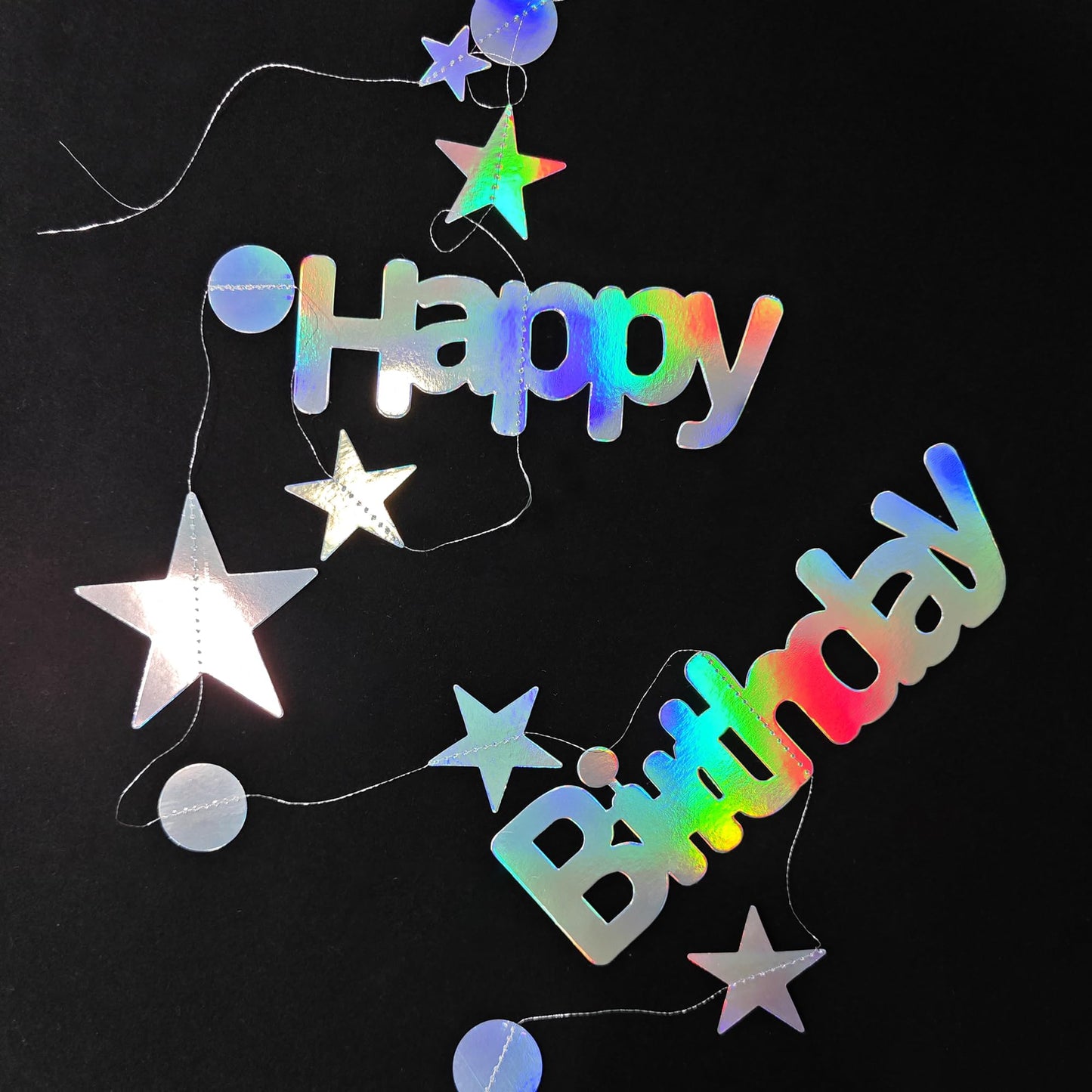 Leekryeton Happy Birthday Banner, Birthday Decorations for Women & Girls, Iridescent Holographic Star Circle Dot Garland Sign, Hanging Streamers Party Decor with Aurora Rainbow Effects