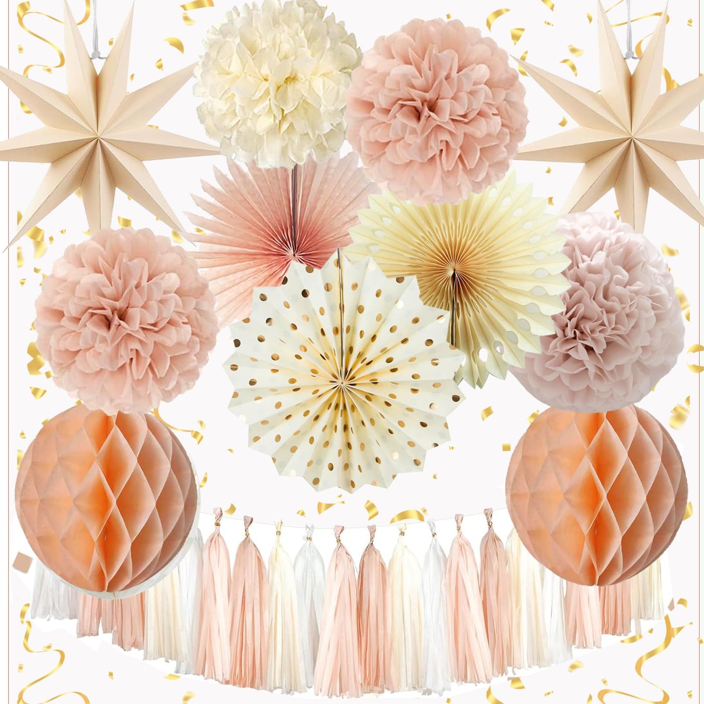 Champagne Beige Party Decoration,15PCS Champagne Boho Birthday Decorations for Women Men Girl Boy,Hanging Backdrop Decor for Engagement,Boho Wedding,Baby Shower,Bridal Shower,Garden Party