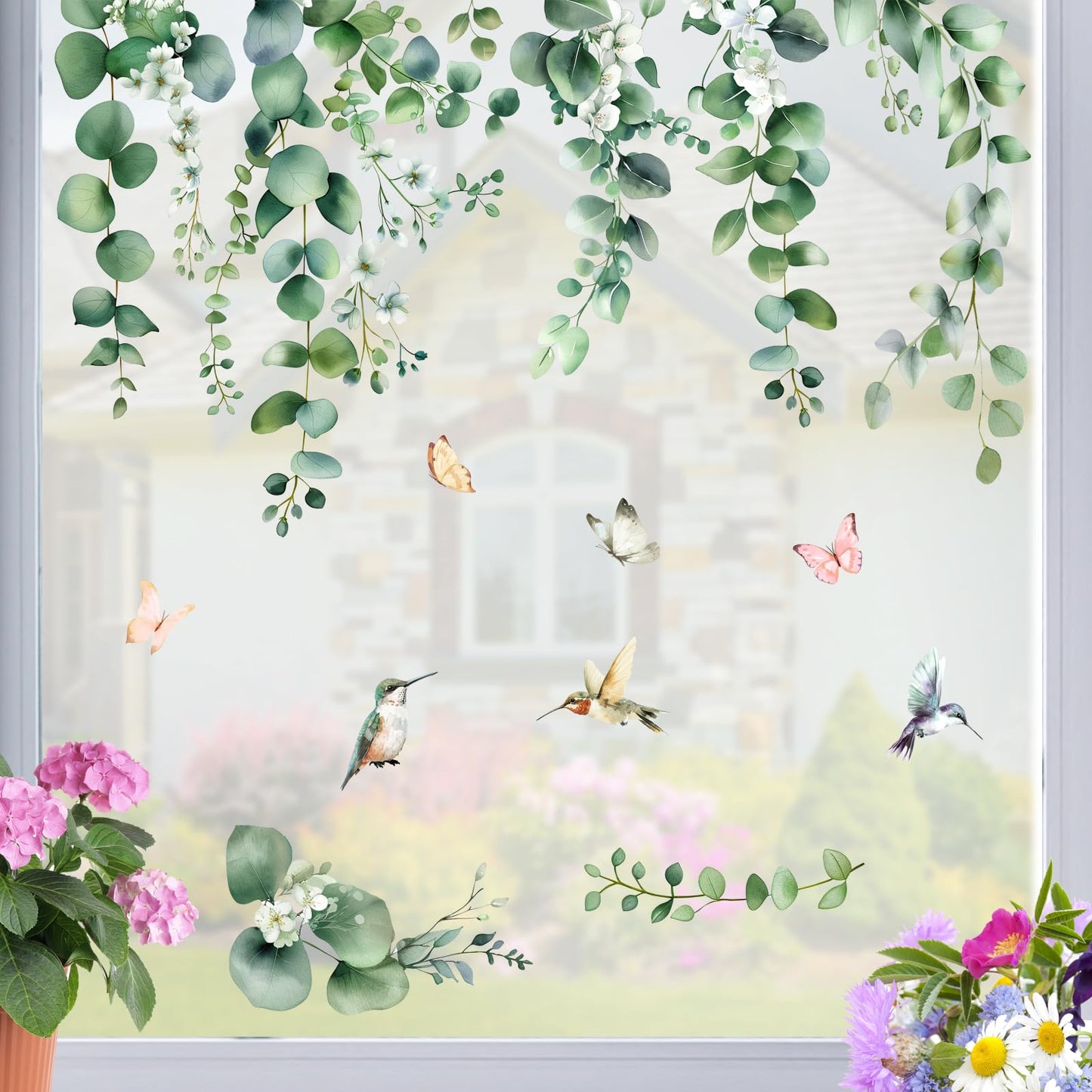 Mfault Spring Summer Hanging Vine Plant Window Clings, Eucalyptus Leaves Hummingbird Flower Butterfly Stickers Decals Decorations, Botanical Floral Plant Home Living Room Kitchen Decor