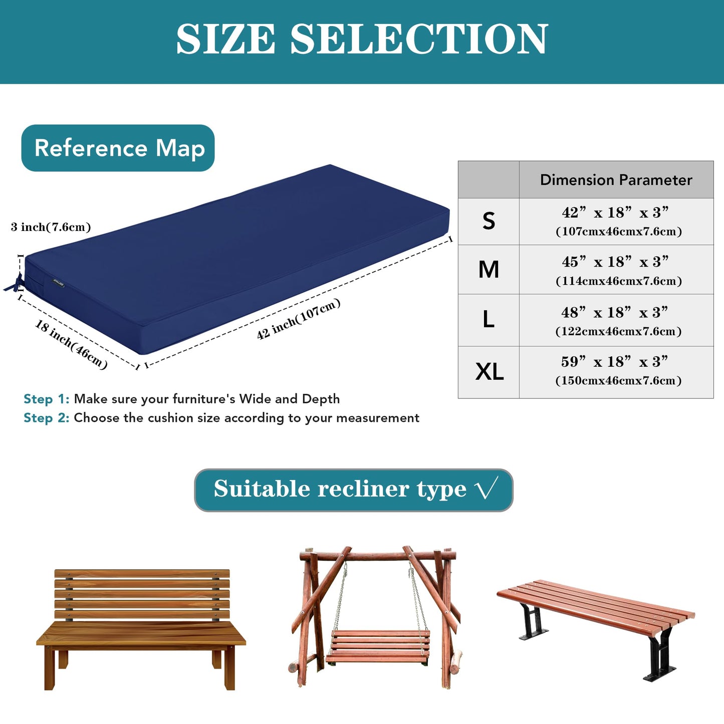 Comcaver Outdoor Bench Cushions 48 x 18 Inch Thick Waterproof Porch Swing Cushions with Tie Patio Furniture Chair Cushion Bench Pad 5 Year Color Fastness Backyard Seat Pads Navy