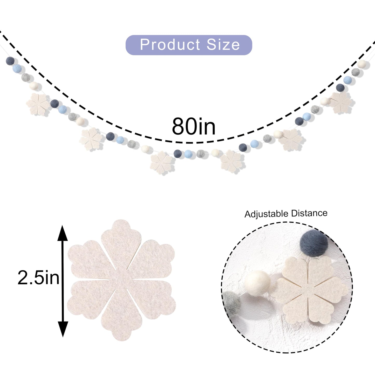 Felt Snowflake Garland - Snowflake Felt Ball Garland, Winter Wall Decor, Christmas Garland, Winter Wonderland Banner