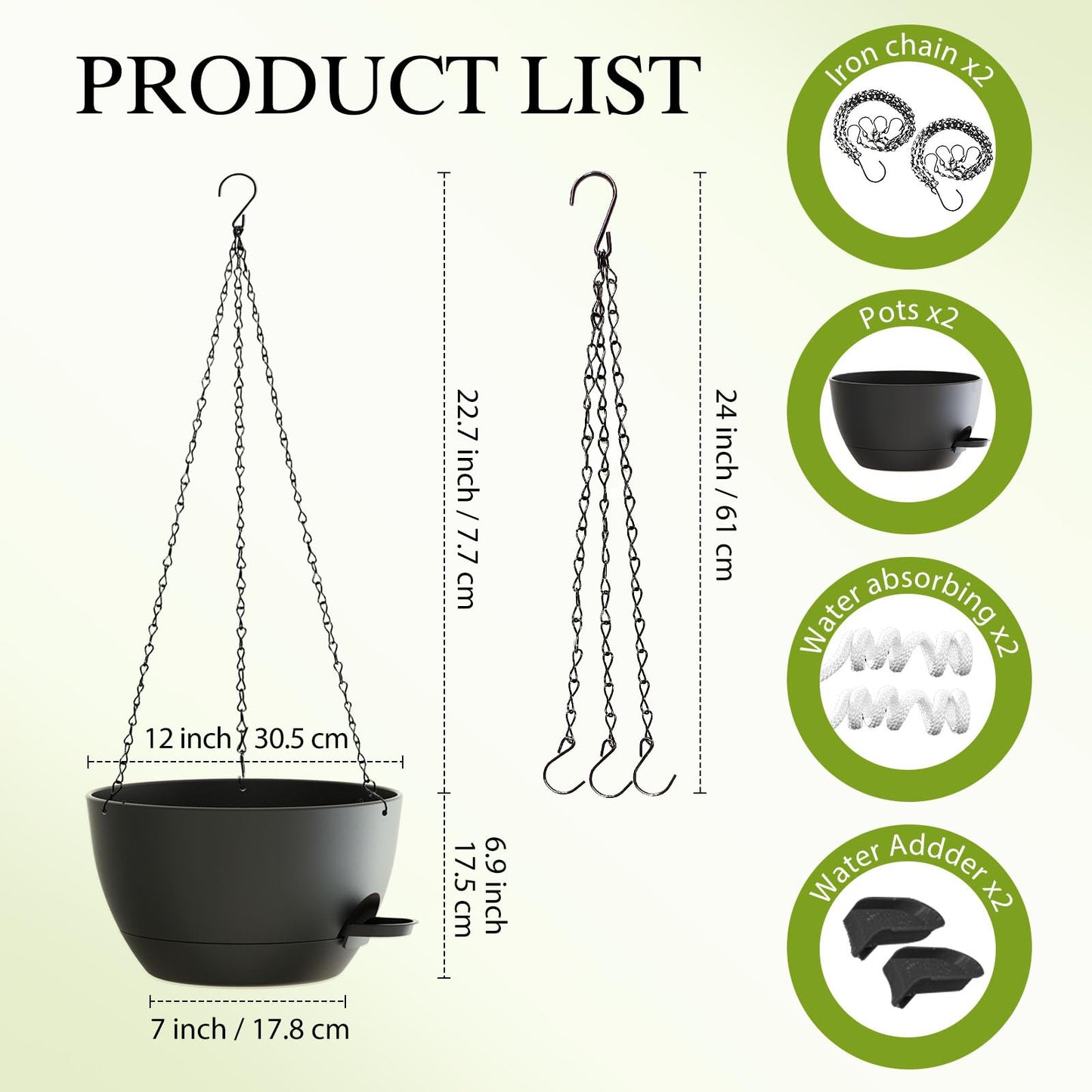 SQKH 12 Inch Hanging Baskets 2 PC with Chains, Self-Watering Hanging Planters for Indoor Outdoor Plants, Plastic Hanging Flower Pots,Black