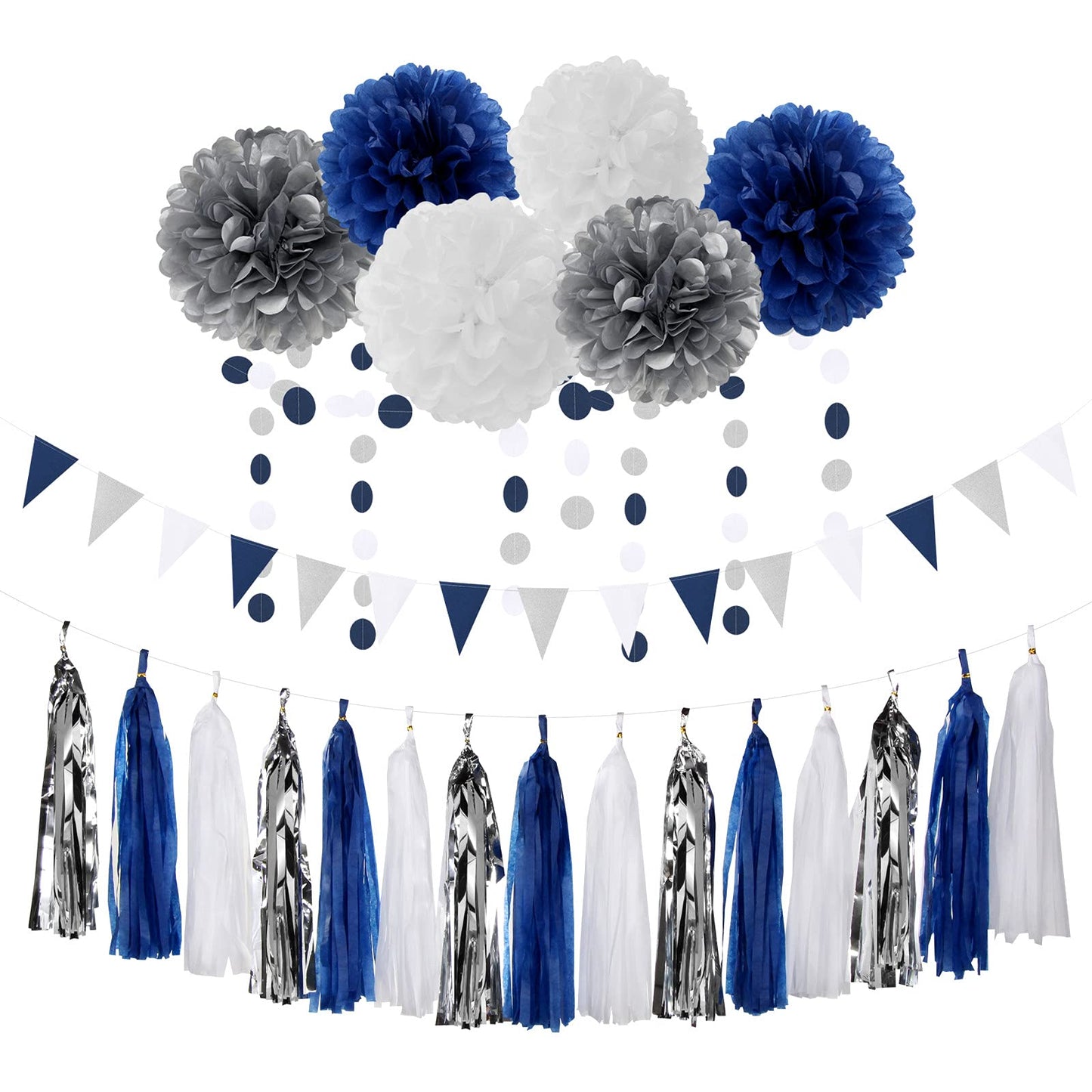 Navy Blue White Silver Party Decorations,23pcs Kit Graduation 2025 Tissue Paper Pom Poms Streamers,Tassel Garland Banner Flowers,Men Birthday Bachelorette Baby Shower Christmas Decor Lasting Surprise