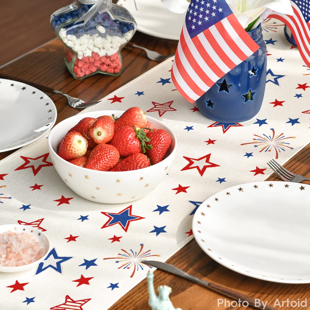 Artoid Mode Patriotic Freedom Stars 4th of July Table Runner, Memorial Day Holiday Kitchen Dining Table Decor for Indoor Outdoor Home Party Decoration 13 x 72 Inch