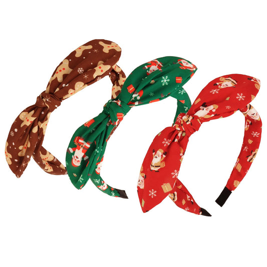 AMCAMI 3Pcs Christmas Headbands for Women, Santa Gingerbread Snowflake Knot Bow Hairbands, Brown Green Red Bow Headband for Christmas New Year