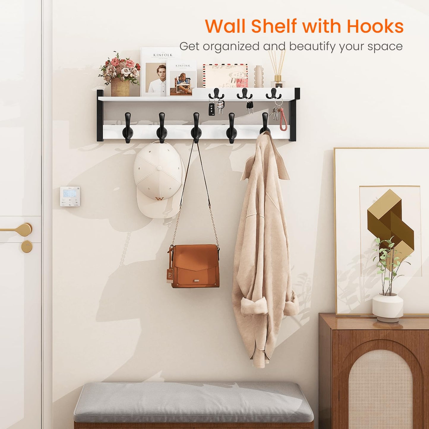 Homode Coat Rack Wall Mount, 29" Modern Floating Shelf with Key and Mail Holder, Wooden Entryway Hanging Shelf with Hooks and Storage for Hat Towel Jacket Purse Backpack Dog Leash, White