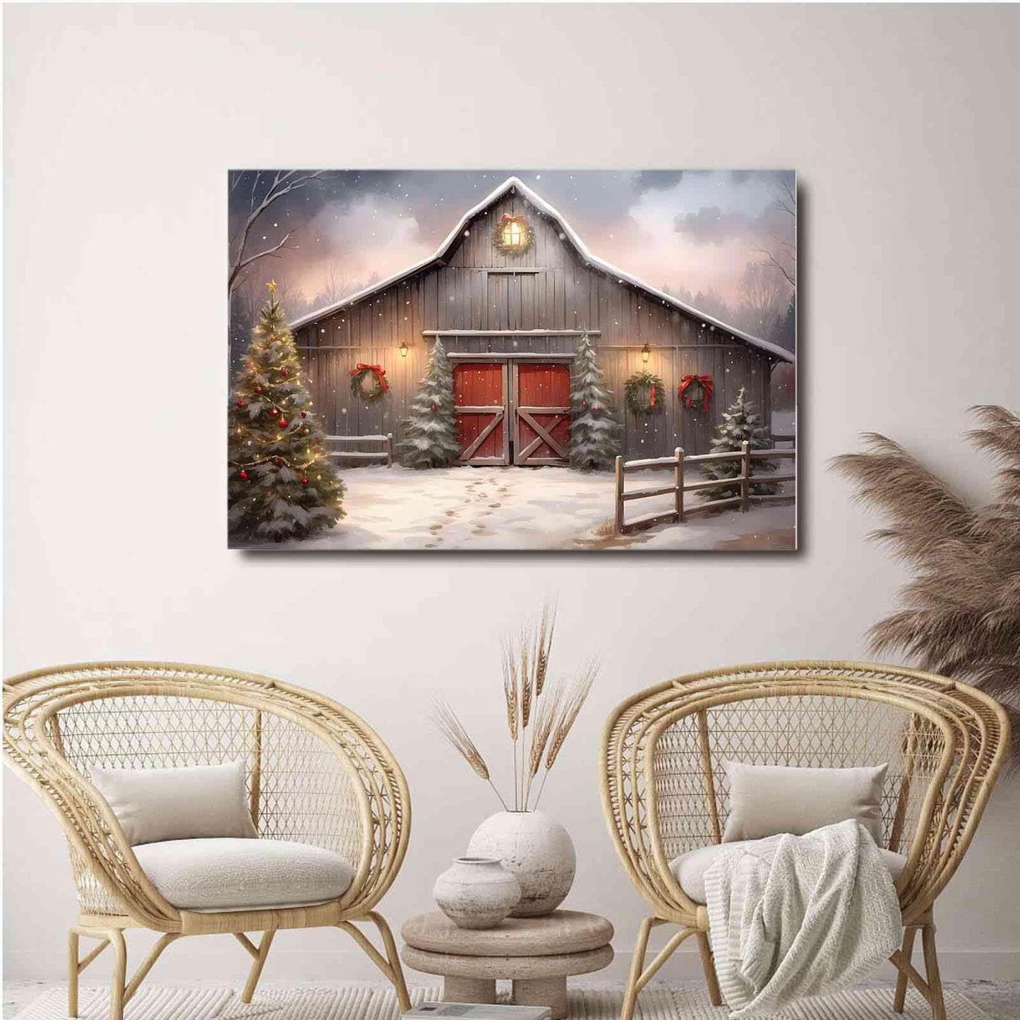 Canvas Wall Art Christmas Tree Farm Wall Art Winter Barn Print Snowy Barn Painting Rustic Farm Picture Farmhouse Winter Print 12x18in-UnFramed