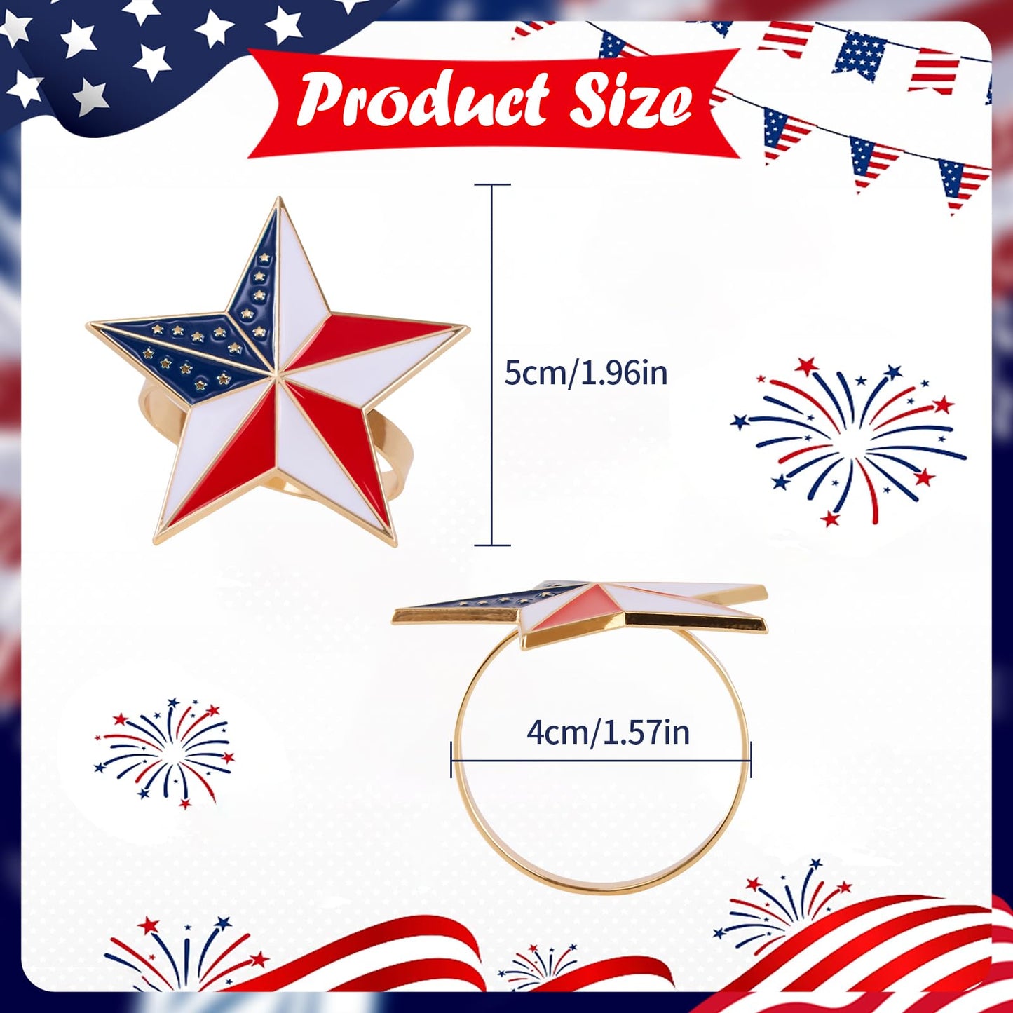 APTWOW 4th of July Patriotic Napkin Rings Set of 6, Gold Star Napkin Holder for 250th Anniversary Independence Day Napkin Ring America Napkin Ring for Dining Table Decor