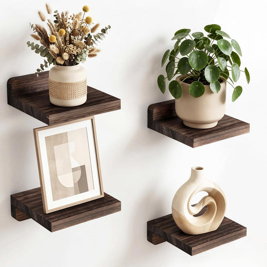 Fixwal Small Shelf for Wall, 5X5 Inches Floating Shelves Set of 4, Rustic Wood Small Wall Mounted Shelves for Bedroom, Living Room, Kitchen, Bathroom Decor (Dark Carbonized Black)