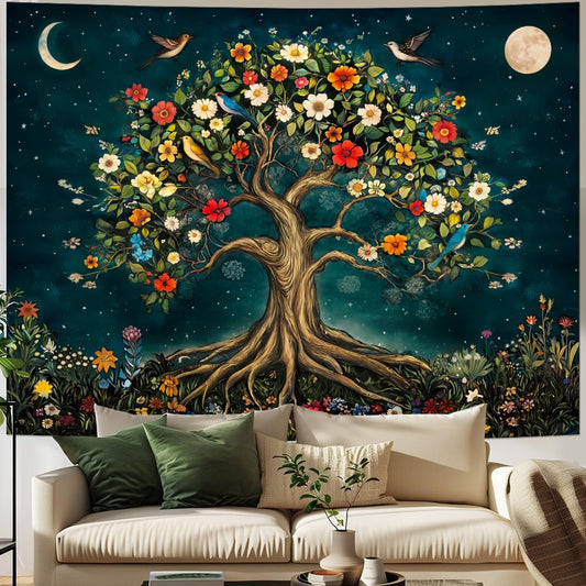 Amtoodopin Tree of Life Tapestry Mystic Boho Flowers Tapestry Vintage Aesthetic Tree Wall Tapestries Retro Nature Floral Plants Tapestries Wall Hanging for Bedroom
