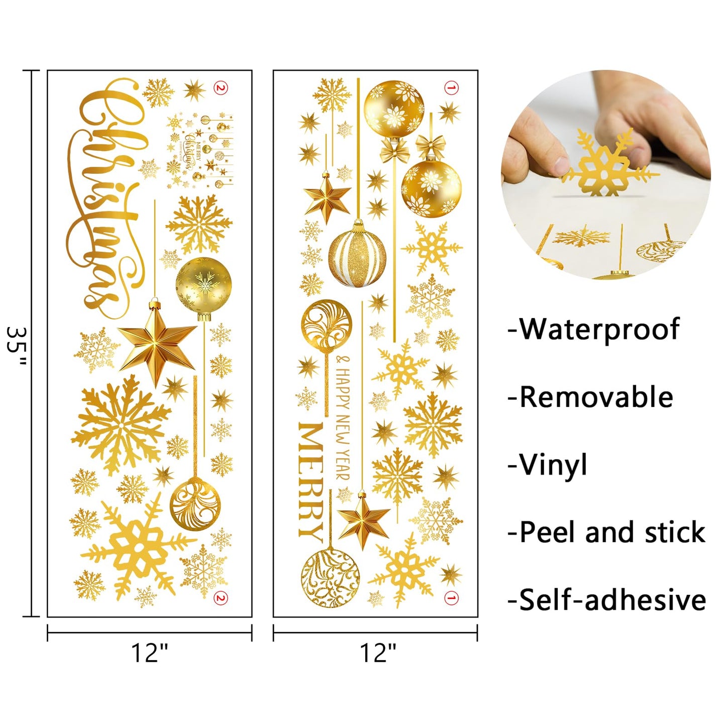Mfault Merry Christmas Golden Ornament Balls Wall Decals Stickers, Gold Xmas Happy New Year Snowflakes Stars Decorations Bedroom Art, Winter Holiday Home Kitchen Decor