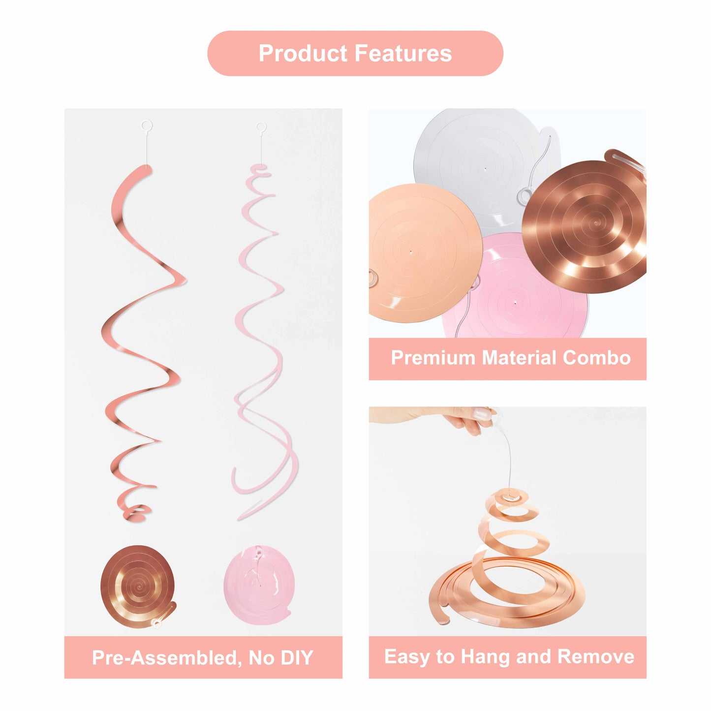 HonuGoGo Pink Hanging Swirl Decorations for Party – 42PCS Rose Gold Foil Ceiling Streamers with Hooks for Birthday, Bridal Shower, Bachelorette, Holiday Celebrations