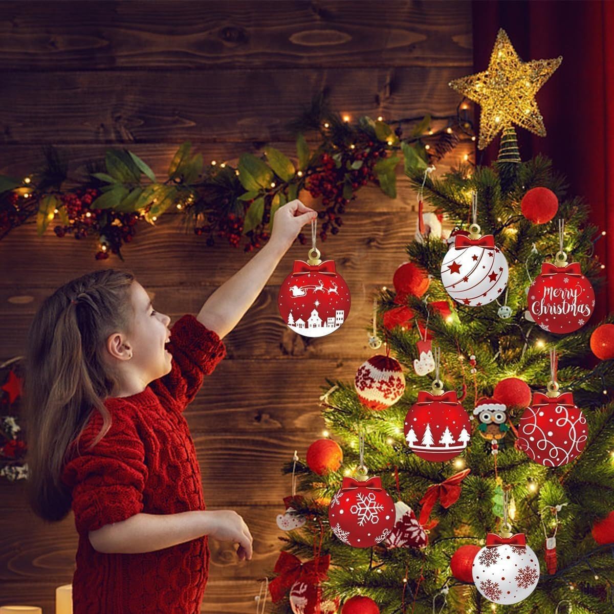 Christmas Tree Decorations Set, 12Pcs Wood Red & White Xmas Ball Hanging Ornaments with Merry Christmas, Bow, Snowflake, Elk and Star Design Winter Ornaments for Home Holiday Party Decor