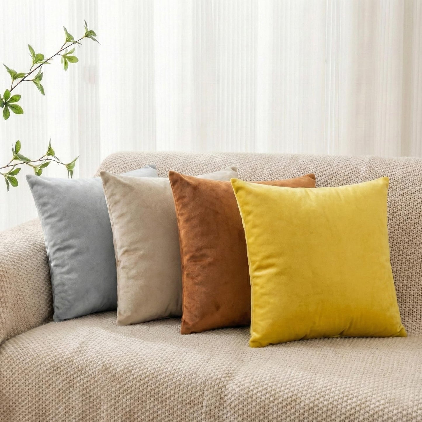 Q&J FABRIC CO. 4 Pack Velvet Decorative Throw Pillow Covers,Soft Square Cushion Case 18x18 Inch Pillow Covers for Living Room Couch Bed Sofa Outdoor Home Decor(Gold/Orange/Silver Grey/Light Coffee)