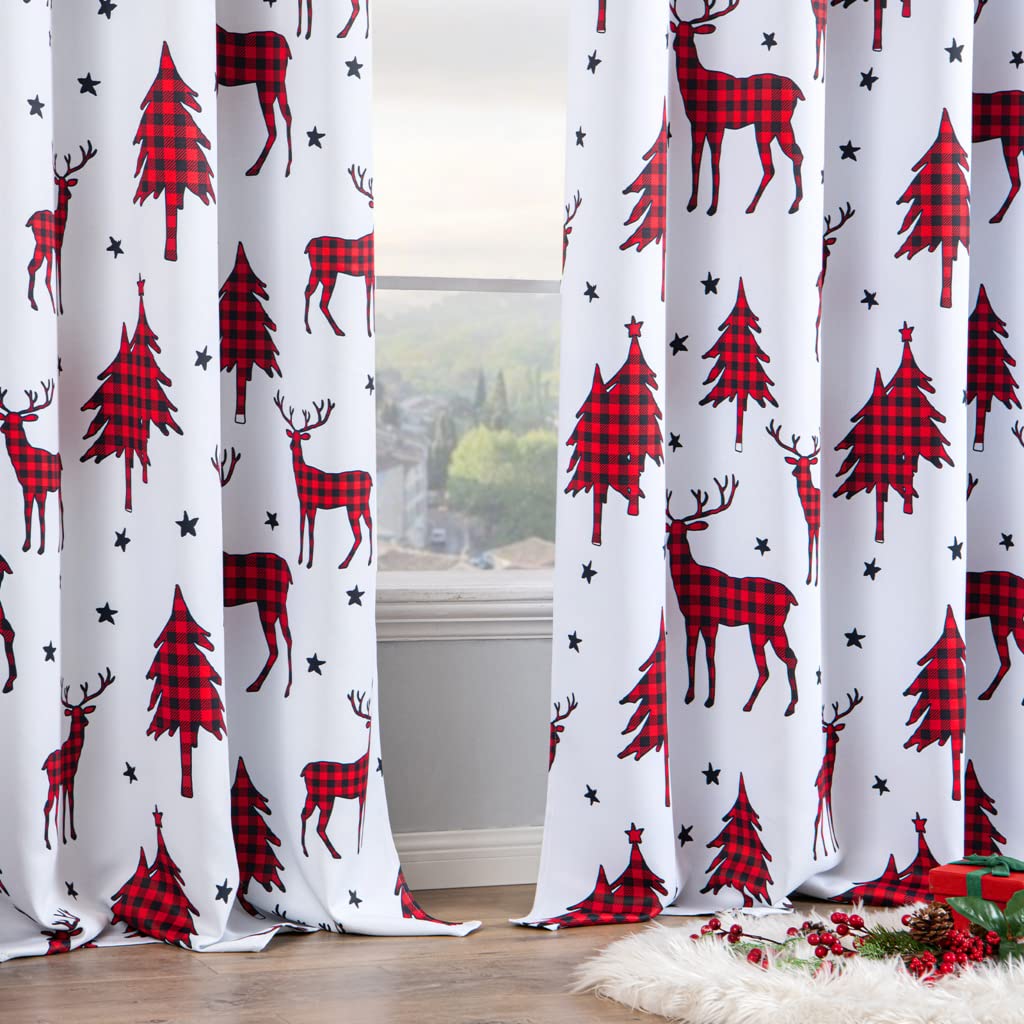EMEMA Christmas Buffalo Plaid Curtains Reindeer Checkered Grommet Window Curtain Panels for Living Room Bedroom Decorative Window Treatment Curtains, 2 Panels, 52 x 84 Inch, Red and Black