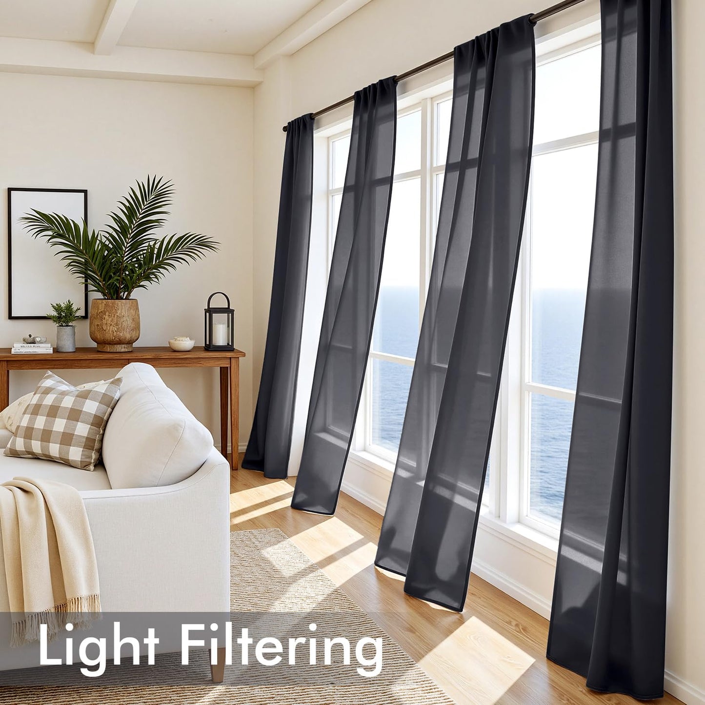 MIULEE Black Sheer Curtains 84 Inches Long, 4 Panels Set, Light Filtering Rod Pocket Voile Halloween Drapes for Living Room and Bedroom, Airy Soft Fabric Window Treatments, 42 x 84 Inches
