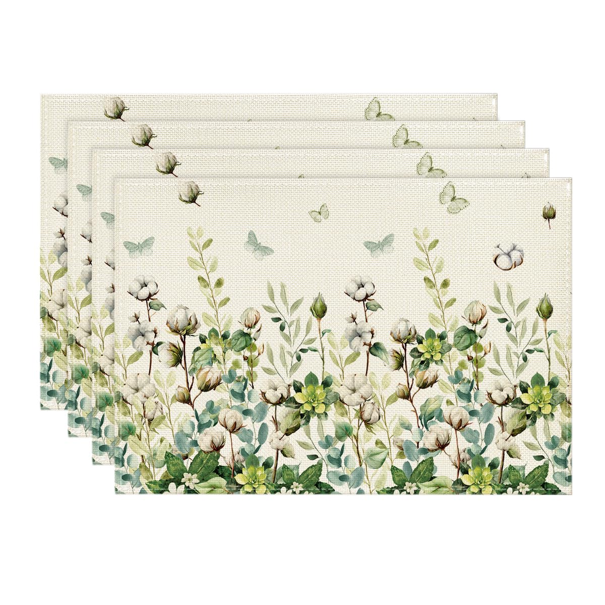 Artoid Mode Cotton Plant Leaf Butterfly Spring Placemats Set of 4, 12x18 Inch Seasonal Summer Holiday Table Mats for Party Kitchen Dining Decoration
