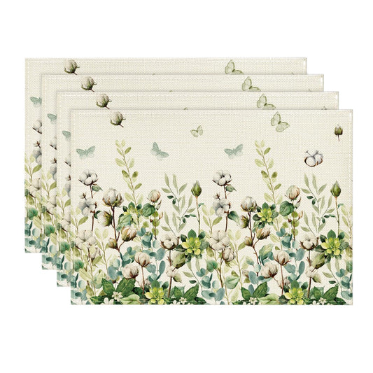Artoid Mode Cotton Plant Leaf Butterfly Spring Placemats Set of 4, 12x18 Inch Seasonal Summer Holiday Table Mats for Party Kitchen Dining Decoration