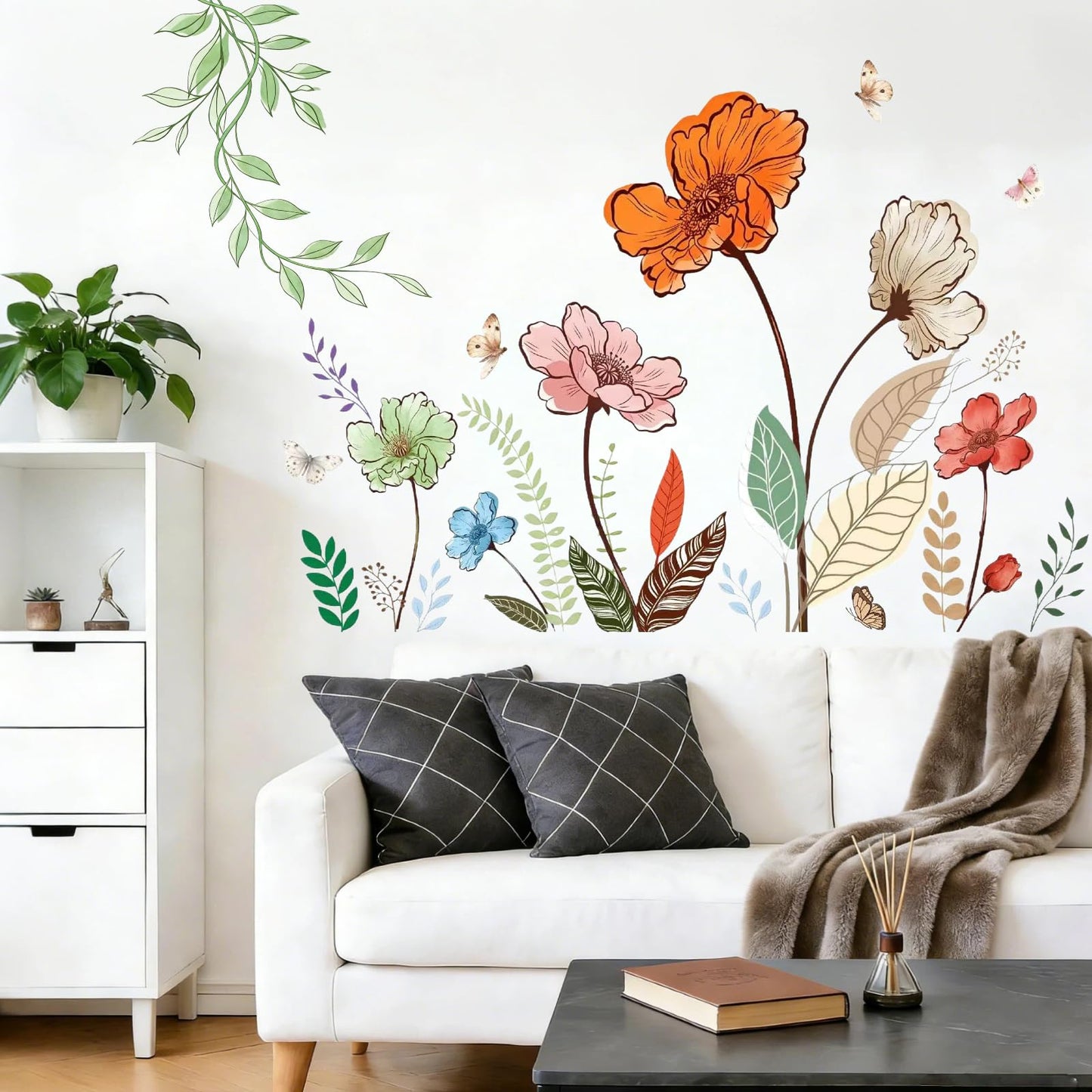 Flower Wall Decals Large Boho Wall Stickers - Wildflower Floral Spring Wall Art Decals Wall Decor Peel and Stick for Living Room Bedroom TV Wall