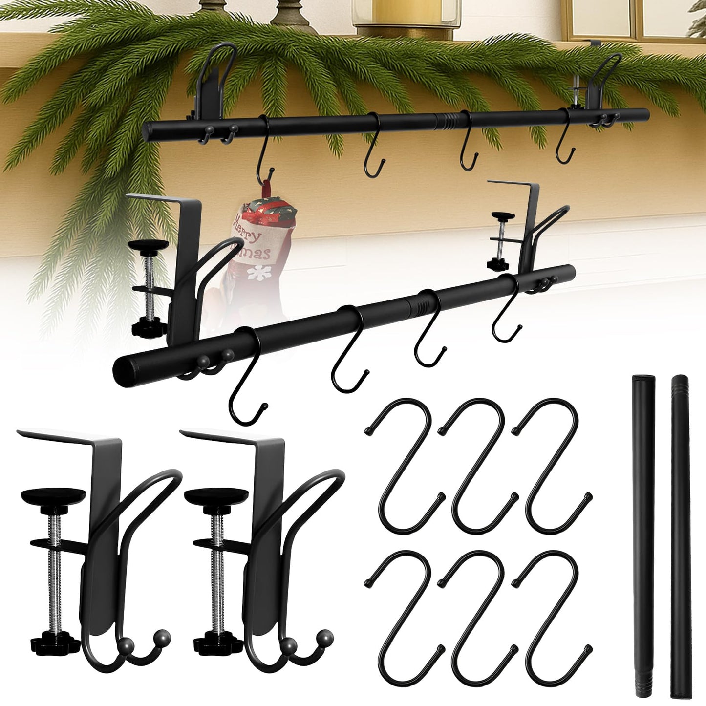 Hoolerry 10 Pcs 3 in 1 Christmas Stocking Garland Hanger for Mantle Fireplace Mantel Garland Hangers with Adjustable Tension Rods Hooks for Xmas Holiday Stocking Wreath Hanging Ornament (Small,Black)