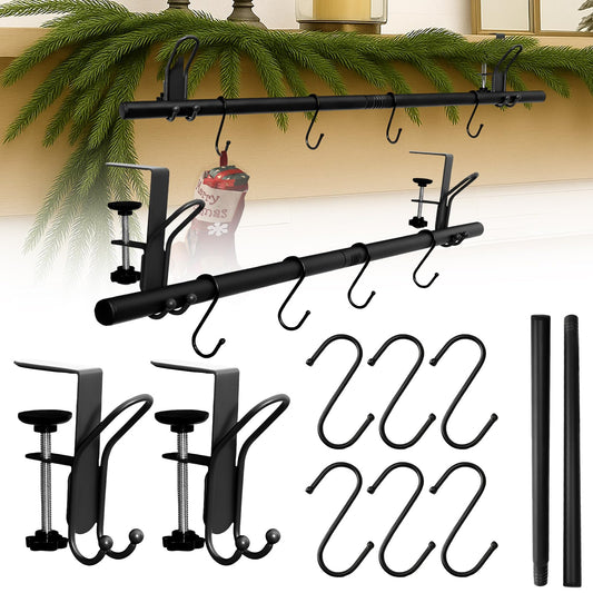 Hoolerry 10 Pcs 3 in 1 Christmas Stocking Garland Hanger for Mantle Fireplace Mantel Garland Hangers with Adjustable Tension Rods Hooks for Xmas Holiday Stocking Wreath Hanging Ornament (Small,Black)