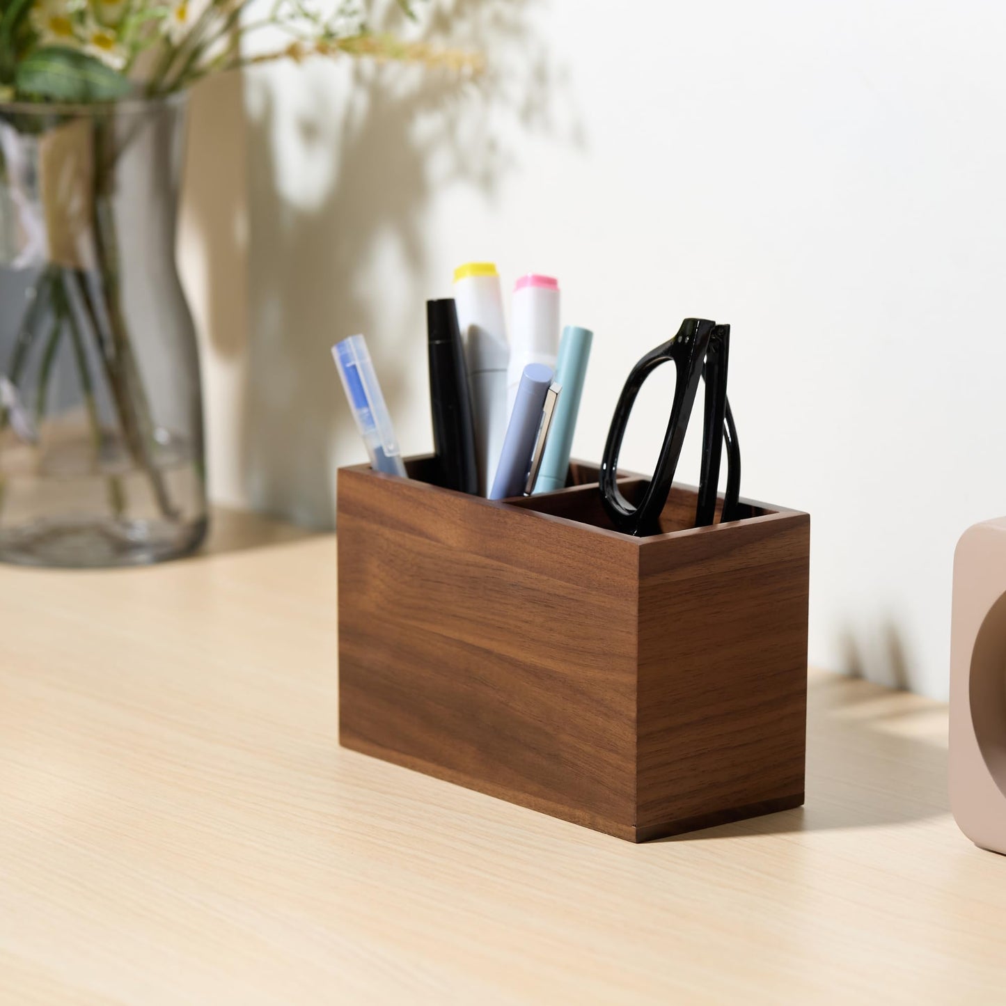 KORUA Walnut Pencil Holder (Double Slots) Wood Pen Holder for Desk