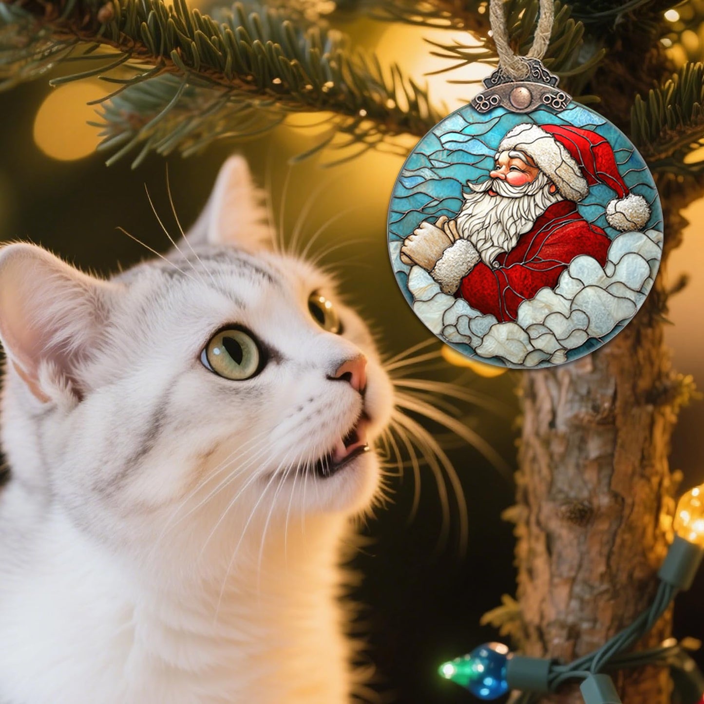 AMDERVEN Stained Glass Christmas Decorations, Kind Santa Claus Suncatcher for Window Christmas Tree Hanging Ornaments Blue and White Sun Catcher Xmas Decor Gifts for Women Men Mom Nana Friend