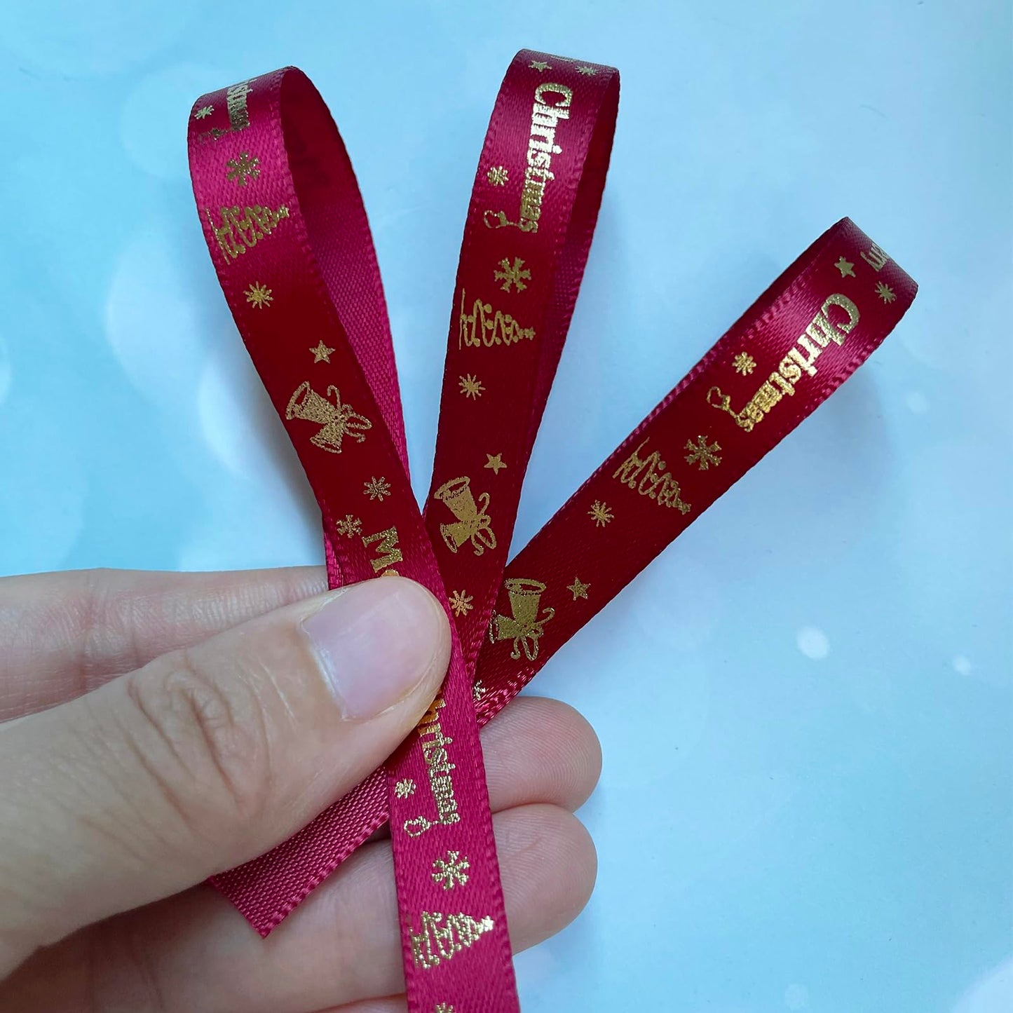 LXKBD 50 Yards Merry Christmas Ribbon Christmas Tree Bells Snowflake, 3/8 inch Wide Satin Ribbons for Festival Holiday Party Decoration Gift Wrapping Crafts (Wine Red)