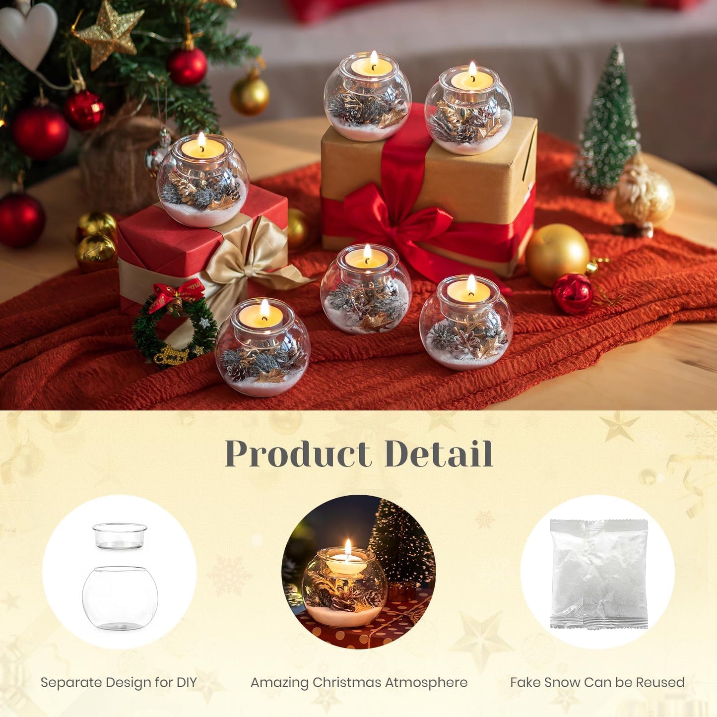 Hewory Christmas Tealight Candle Holders: Set of 6 Glass Ball Tea Light Candle Holder with Golden Leaves and Needles, Christmas Table Decorations for Dinner Centerpiece Holiday Party Fireplace Mantle