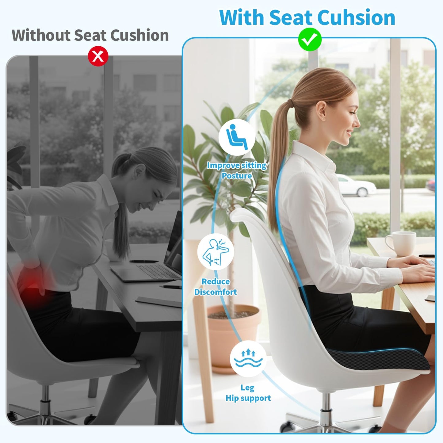 TranquilRelax Large Seat Cushion, Memory Foam Cushion for Long Sitting Hours on Office Chair, Car Seat, Non-Slip Chair Pad for Sciatica, Coccyx, Tailbone Pain Relief & Post-Surgery Recovery (Black)