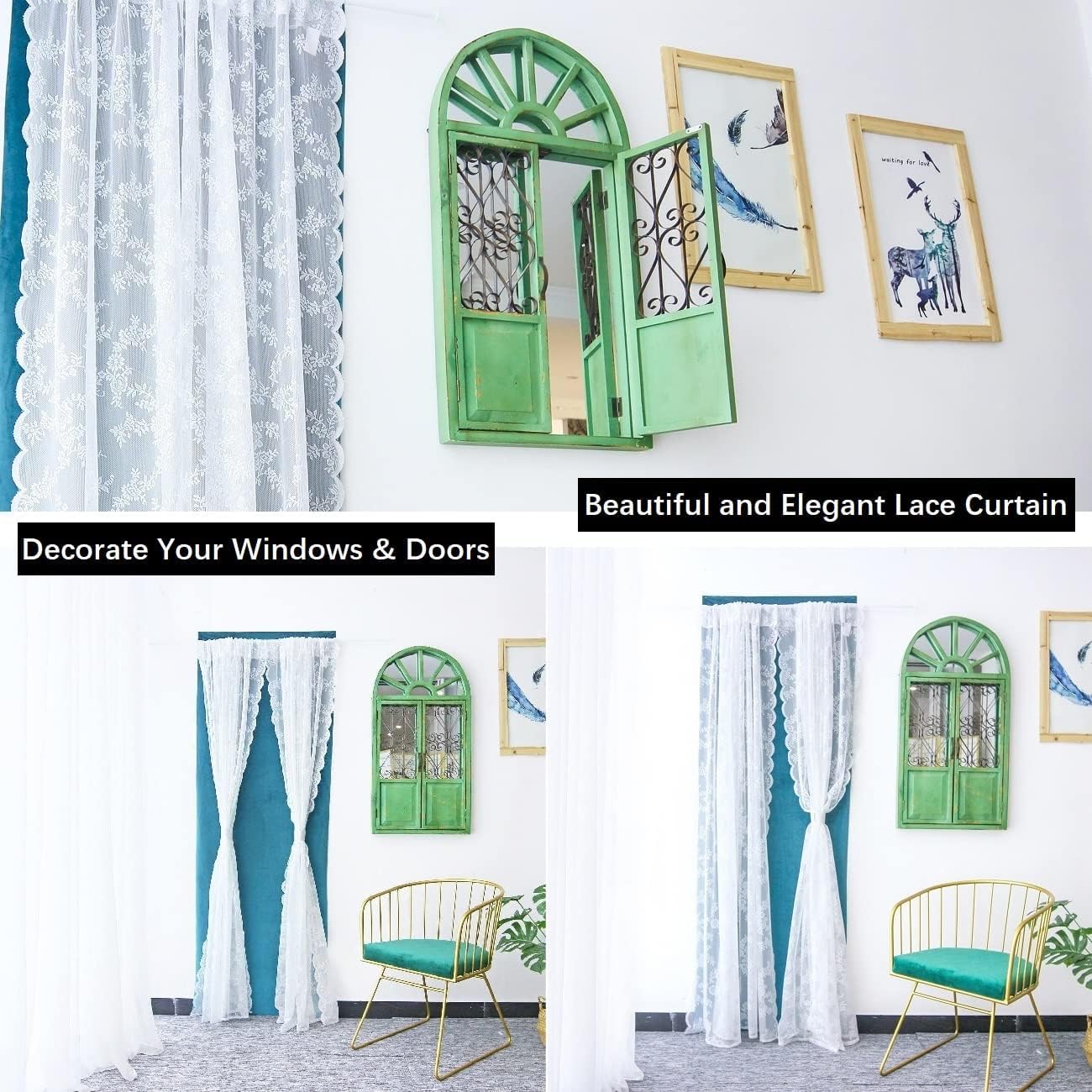 Beruyu White Lace Curtains 90 Inches Long - Floral Embroidered Lace Sheer Curtains for Living Room Bedroom Kitchen, Rod Pocket Window Voile Curtains with Curtain Tiebacks, 2 Panels (59" W X 90" L)