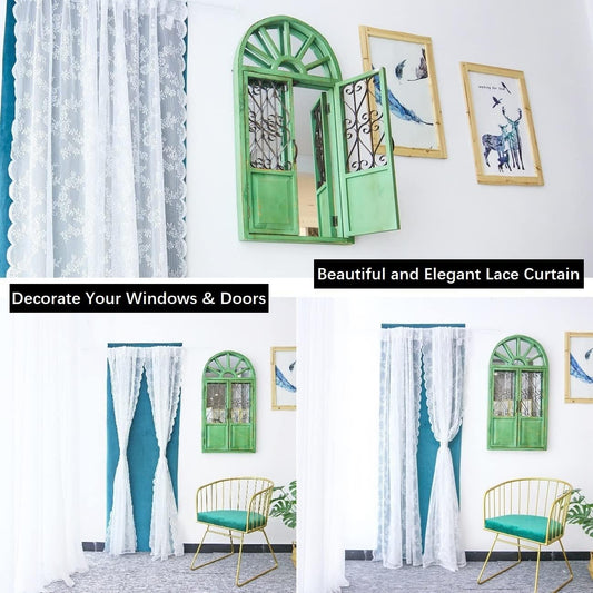 Beruyu White Lace Curtains 90 Inches Long - Floral Embroidered Lace Sheer Curtains for Living Room Bedroom Kitchen, Rod Pocket Window Voile Curtains with Curtain Tiebacks, 2 Panels (59" W X 90" L)