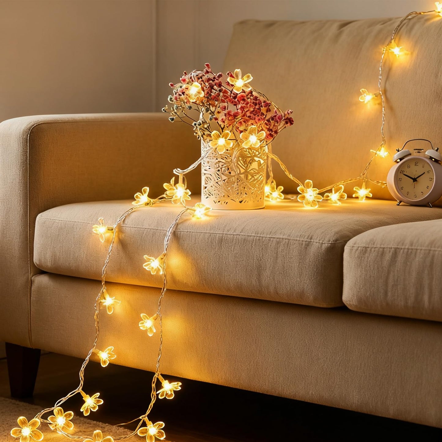 Indoor Decorative Flower String Lights, 33ft 100 LED Plug in Fairy Twinkle Cherry Blossom Floral Lamp for Bedroom Window Wall Ceiling Tree Hanging, Christmas Easter Birthday Decor (Warm White)