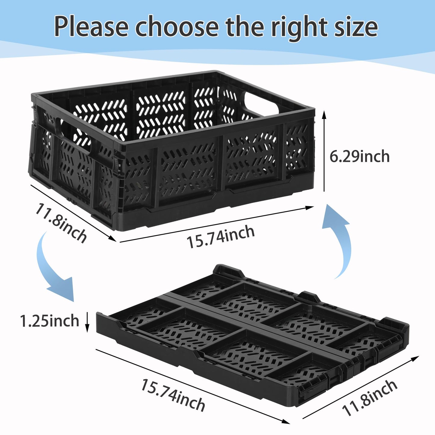 Senhoglb 4-Pack Collapsible Crate for Storage, 19L Folding Crate Plastic for Organizing Groceries Fruit with Handle, Collapsible Milk Crates for Home Office School Trunk, Black