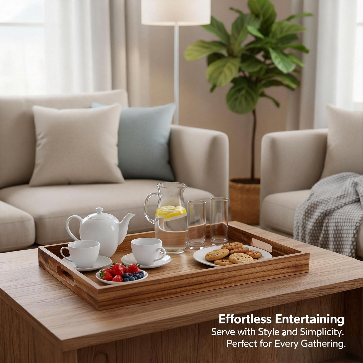 Krismax Wooden Serving Tray with Handles, Rustic Brown Rectangular Serving Platter 15.7x11.4 Inch for Coffee Table, Decorative Storage Tray