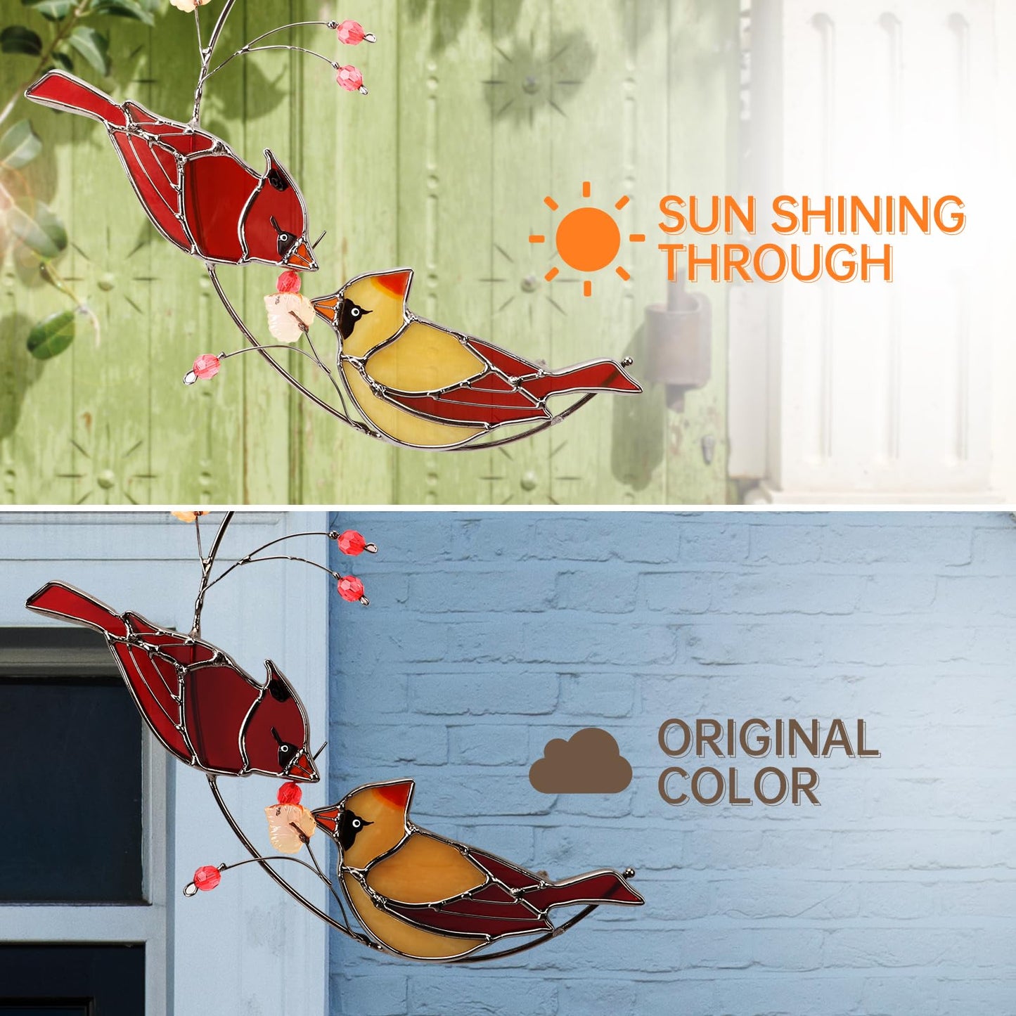 Handmade Cardinal Stained Glass Suncatchers Window Hanging Ornament for Christmas,Memorial Gifts for Women,Red Birds Sun Catcher Decora,Bird Lover Gifts,Real Glass Unique Design