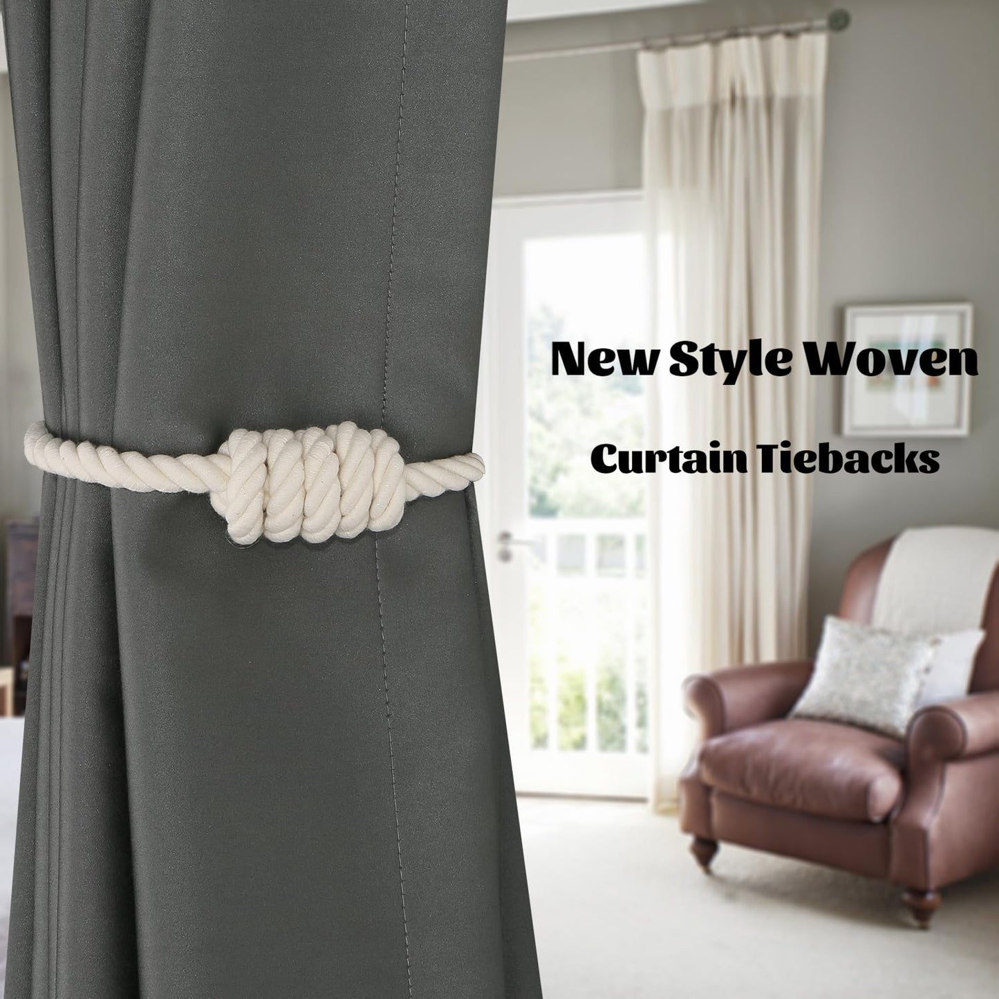 BEL AVENIR Magnetic Cotton Curtain Tiebacks, Decorative Drapery Holdbacks Modern Woven Tie-Backs with Exquisite Knot (Cotton, 2 Pack)