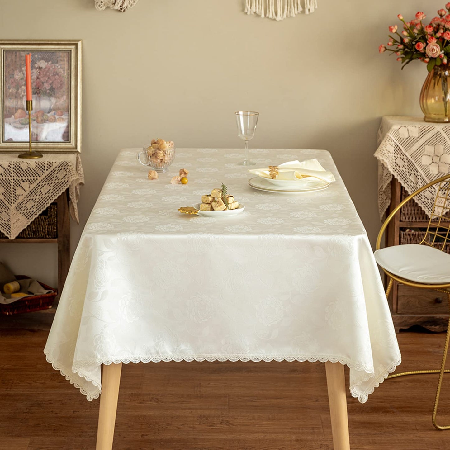 GLORY SEASON Textured Tablecloth Waterproof Spillproof Lace Trim Rectangle Jacquard Fabric Table Cloth, Kitchen Dinning Tabletop Decoration, Round Table Cover for Outdoor Use 55 x 70 Inch, Ivory White