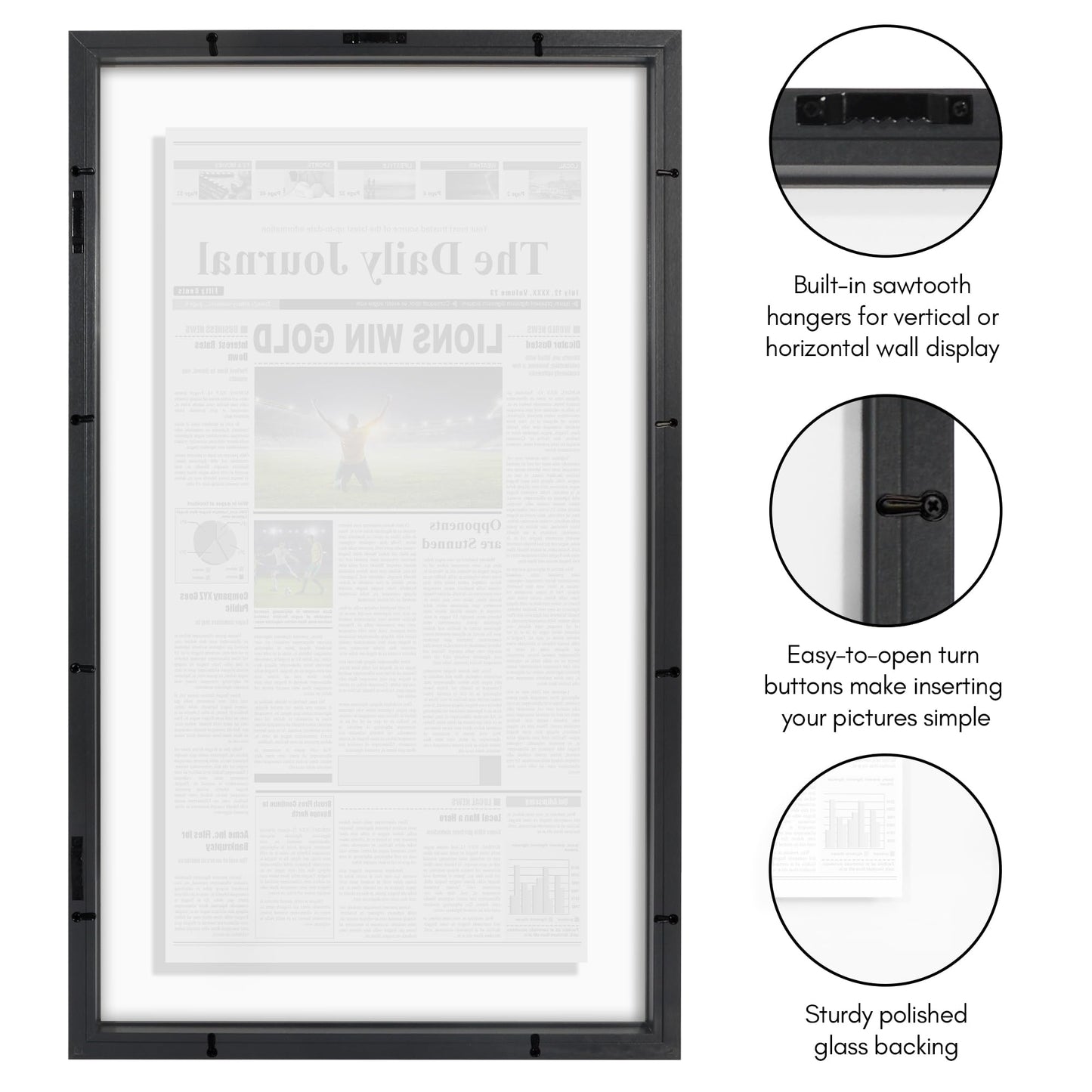 Americanflat 15x26 Newspaper Frame with Shatter-Resistant Glass - Use as 11x22 Newspaper Frame - Signature Float Collection - Engineered Wood Molding - Floating Frames for Wall Display - Black