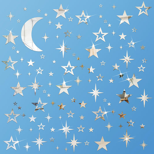 Shappy 100 Pcs Acrylic Moon Star Mirror Wall Stickers Decal 3D Acrylic Mirror Stickers Removable Decal for Room Good Night Nursery House Bedroom Wall Decor(Silver)