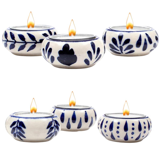 Ceramic Tealight Holder Set of 6 - Hand-Painted Candle Holders with Wax Tealights - Decorative Votive for Home, Party, Wedding, Festive & Gift Décor (White Blue) - ALPHA Living HOME