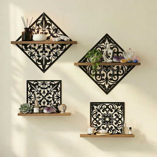FNYDOX 2PCS Metal Carved Window Wall Decor with Wooden Shelf, Black Floating Shelves for Bathroom Wall, Kitchen Wall Decorative Shelves, Creative Shelf for Bathroom Accessories Organizers and Storage