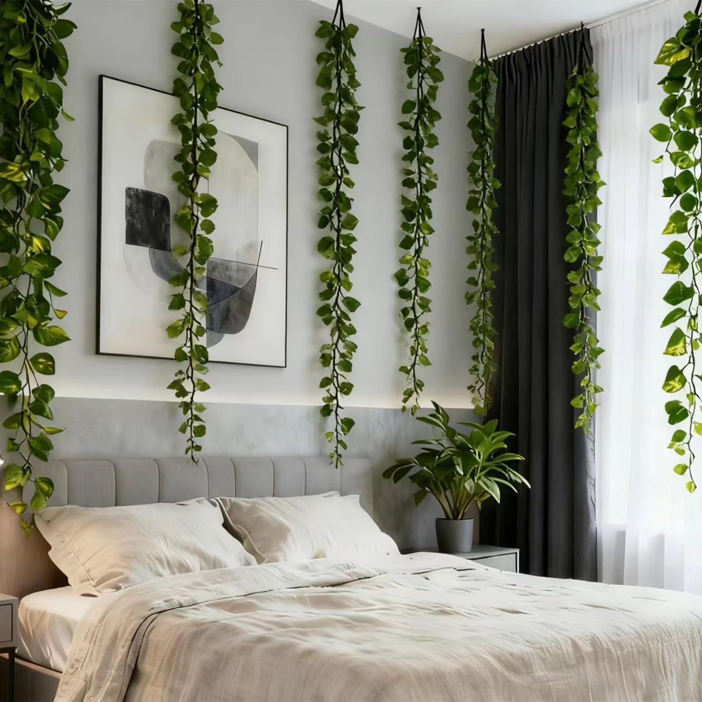 Jangmont Fake Vines for Room Decoration Artificial Ivy Garland Hanging Vines Faux Vines Decor for Wall Bedroom Outdoors Garden Wedding Office Patio (Pothos-Lesves, 12PCS 84FT)