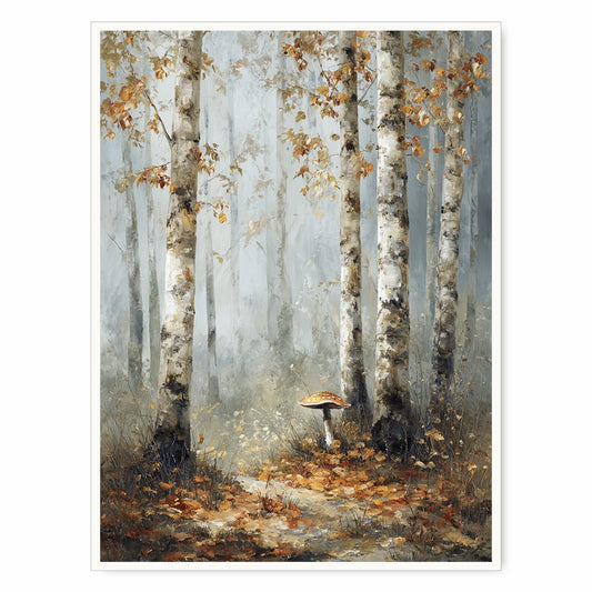 Birch Tree Forest Wall Art – Autumn Canvas Print with Mushroom and Misty Woodland Trail, Rustic Fall Nature Poster for Bedroom or Seasonal Wall Decor 12x16in Unframed