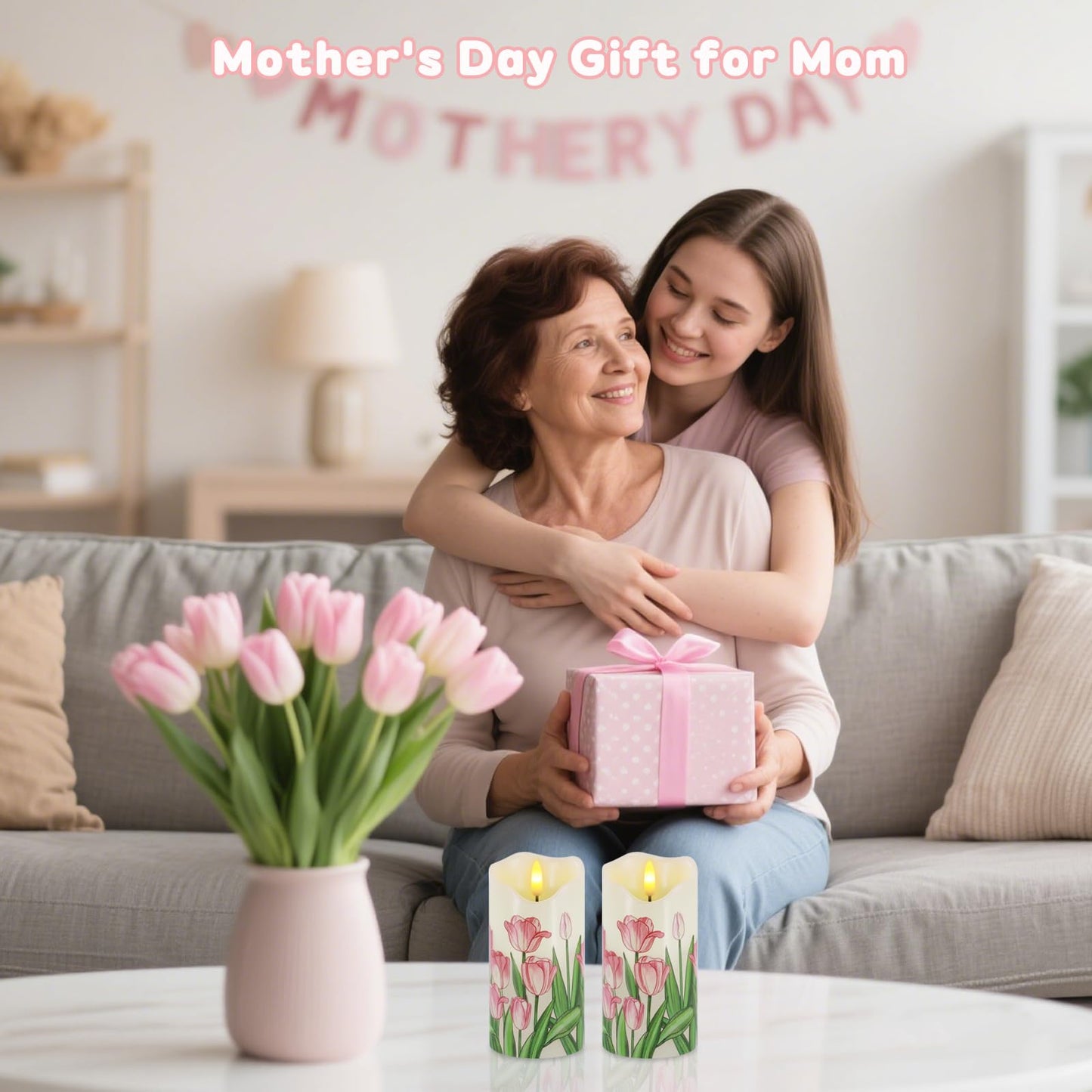 Flameless Candles Set of 2, 6"x3" Flickering Tulip LED Candles with Remote & Timer, Dimmable Real Wax Electric Pillar Candles Battery Operated, Birthday Gift Mother's Day Gift for Mom Women (Tulip)