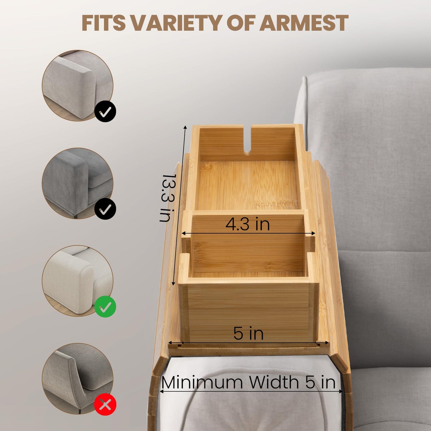 Bamboo Sofa Armrest Tray - Couch Arm Tray with Detachable Couch Cup Holder - 2 in 1 Anti-Slip Foldable Sofa Armchair Caddy Table - Cup Holder for Drinks Cellphone Snacks, Remote